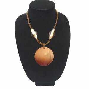 Beaded Multi Strand Necklace Round Shell Pendant Natural Colors Brown Bohemian
